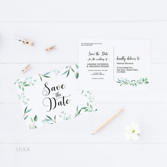 save the date postcard save the date template modern greenery wedding printable wedding invitation template pdf instant download e031 invitation postcard template