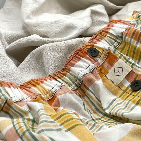 Caleçon Short coton upcyclé – motif écossais orange blanc vert