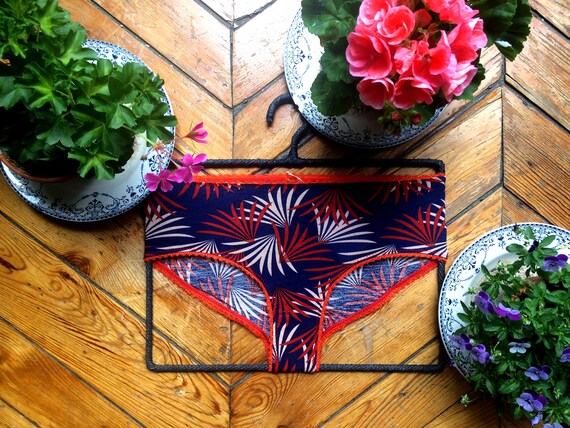 Elastic red foil dark blue women pants orange
