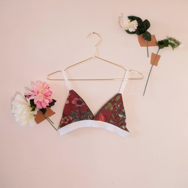 brassière coton motif floral rouge élastique vert