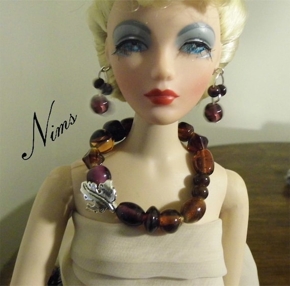 Gorgeous striped beads in this necklace and earring jewelry set for 16 inch fashion dolls Handmade by Nims Tonner Parker and more
