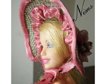 Sensational Bonnet hat for Barbie. Tan hat with pink trim and flower. Handmade by Nims