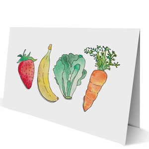 Carte de vœux Eileen Graphics Fruits N Veggies • Imprimé à Newport, RI • Aquarelles • Végétarien • Carotte • Banane • Fraise • Laitue