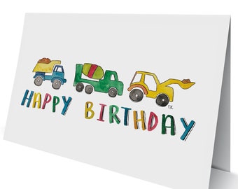 Eileen Graphics Birthday Truck Greeting Card • Made in Newport, RI • Happy Bday • Boy • Toy • Construction • Bulldozer • Cement Mixer