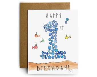 Eileen Graphics 1st Birthday Greeting Card | Made in Newport, RI | Watercolors | Baby | One Year Old | Nautical | Ocean | Fish | Bubbles