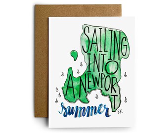 Eileen Graphics Sailing Into A Newport Summer Greeting Card • Gedrukt in RI • Kaart • Aquarel • Rhode Island • Nautisch • Zeilboten • Oceaan