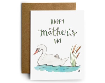 Eileen Graphics Swan Mother's Day Greeting Card | Made in Newport, RI | Watercolors | Mom | Baby | Lake | Pond | Water | Love | Happy | Kid