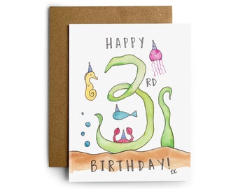 Eileen Graphics 3rd Birthday Greeting Card | Made in Newport, RI | Watercolor | Three Year Old | Nautical | Fish | Seaweed | Seahorse | Crab