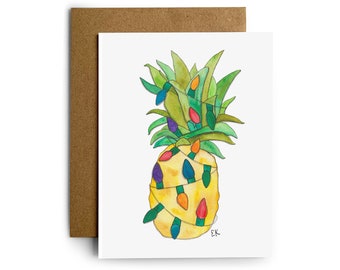 Eileen Graphics Pineapple Christmas Greeting Card • Designed in Newport, RI • Nautical • Watercolors • Holidays • Painting • Lights • Hawaii