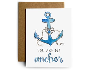 Eileen Graphics Anchor Love Greeting Card | Made in Newport, RI | Watercolors | Valentine | Nautical | Military | Navy | Rope Heart | Ocean