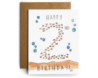 Eileen Graphics 2nd Birthday Greeting Card | Made in Newport, RI | Watercolors | Baby | Two Year Old | Nautical | Ocean | Fish | Bubbles