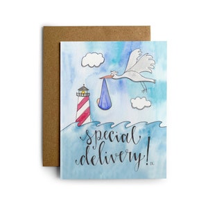 Eileen Gráficos Especial Entrega Bebé Tarjeta de Felicitación / Hecho en Newport, RI / Acuarelas / Cigüeña / Recién Nacido / Ducha / Nueva Mamá / Náutica