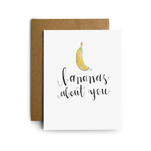 Eileen Graphics Bananas About You Carte de vœux • Imprimé à Newport, RI • Amour • Fruit • Drôle • Mignon • Punny • Jaune • Aquarelles