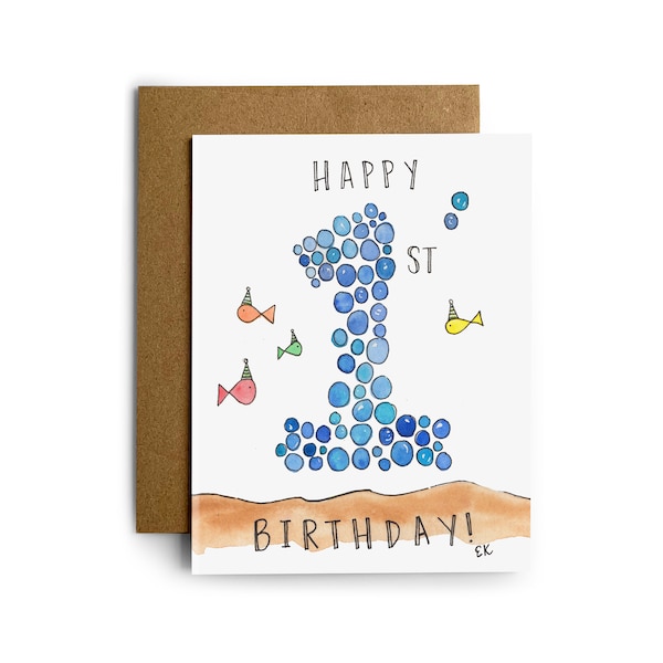 Eileen Graphics 1st Birthday Greeting Card | Made in Newport, RI | Watercolors | Baby | One Year Old | Nautical | Ocean | Fish | Bubbles