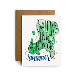 Eileen Grafik Segeln in einen Newport Sommer Grußkarte • gedruckt in RI • Karte • Aquarell • Rhode Island • Nautisch • Segelboote • Ozean
