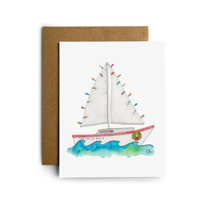 Eileen Graphics Zeilboot Kerstgroetkaart • Ontworpen in Newport, RI • Nautisch • Aquarellen • Feestdagen • Schilderen • Boot • Krans