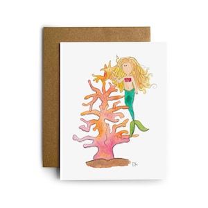 Carte de vœux de Noël Eileen Graphics Mermaid • Conçue à Newport, RI • Nautique • Aquarelles • Vacances • Peinture • Arbre • Corail