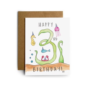 Carte de vœux du 3e anniversaire d’Eileen Graphics | Fabriqué à Newport, RI | | d’aquarelle | de trois ans | nautiques Poissons | | d’algues | hippocampe Crabe