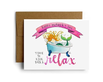 Eileen Graphics Mother's Day Mermaid Greeting Card • Made in RI • Nautical • Watercolor • Bubble Bath • Rhode Island • Mom • Newport • Spa