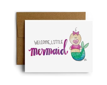 Eileen Graphics Mermaid Baby Greeting Card • Gedrukt in Newport, RI • Nautisch • Meisje • Douche • Rhode Island • Bow • Roze • Aquarel