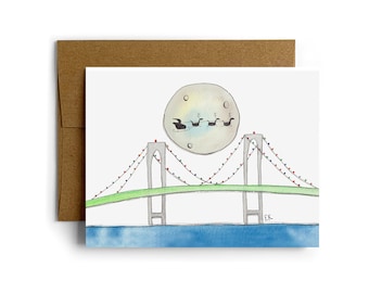 Eileen Graphics Newport Bridge Christmas Greeting Card • Designed in Newport, RI • Nautical • Watercolor • Holiday • Painting • Santa Sleigh