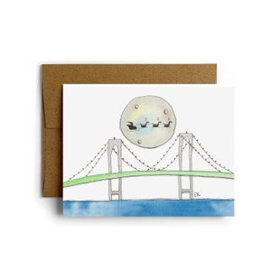 Cartão de Natal Eileen Graphics Newport Bridge • Projetado em Newport, RI • Náutico • Aquarela • Férias • Pintura • Trenó de Papai Noel