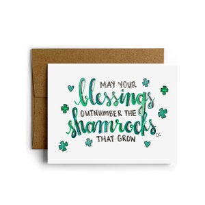 Tarjeta de felicitación con trébol de Eileen Graphics • Fabricada en Newport, RI • Verde • Día de San Patricio • Irlandés • Bendición • Trébol de cuatro hojas • Suerte