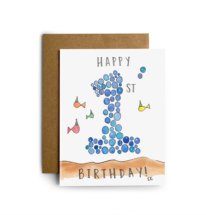 Eileen Graphics 1st Birthday Greeting Card Made in Newport, RI Watercolors Baby One Year Old Nautical Ocean Fish Bubbles image 1