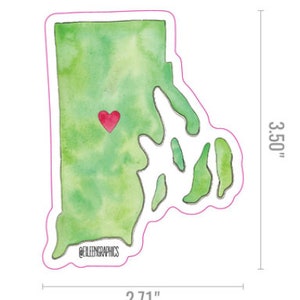May include: A watercolor sticker of the state of Rhode Island with a red heart in the center. The sticker is 2.71 inches wide and 3.50 inches tall. The sticker has a white outline and the text "@ellenbgraphics" is at the bottom.