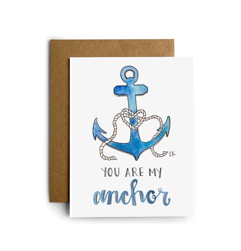 Eileen Graphics Anchor Love Greeting Card Made in Newport, RI Watercolors Valentine Nautical Military Navy Rope Heart Ocean image 1