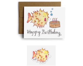 Eileen Graphics Birthday Blowfish Greeting Card and Sticker Set | Made in Newport, RI | Watercolors | Cake | Nautical | Ocean | Funny | Bday