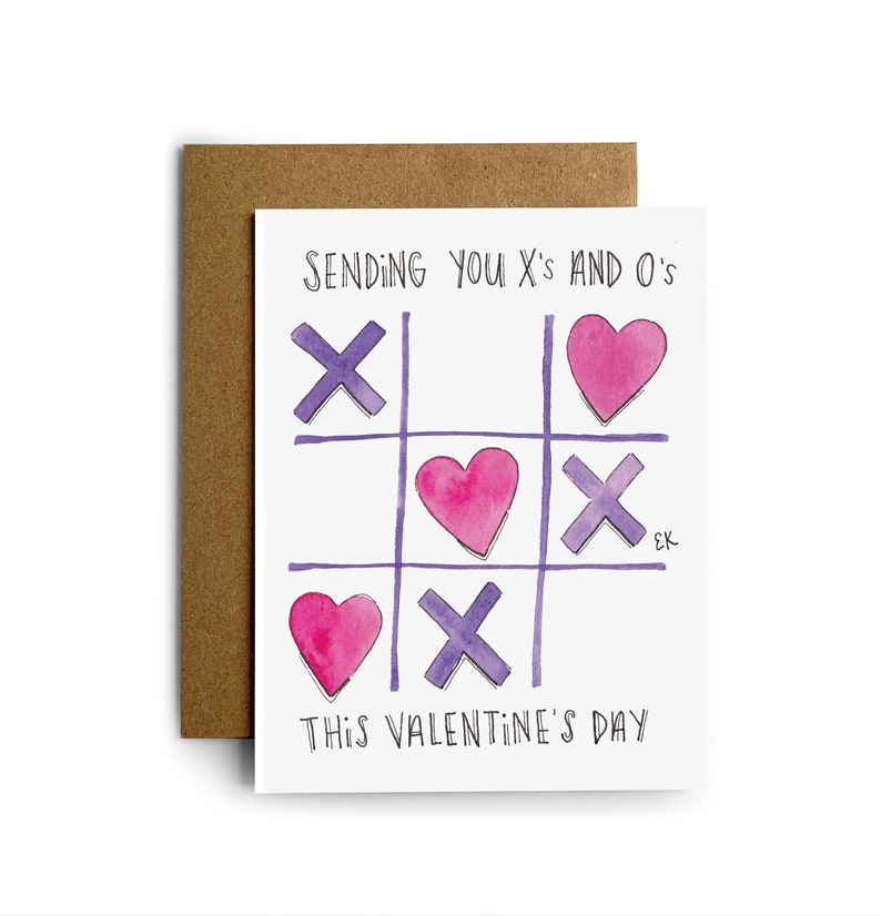 Eileen Graphics Tic Tac Toe Greeting Card Printed in RI Watercolor Valentine's Day Valentine Hearts X and O Newport Kisses image 1