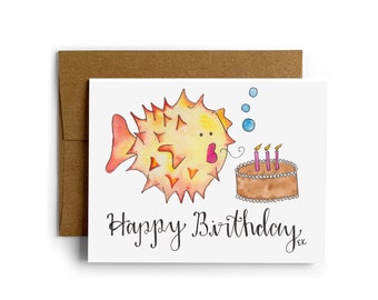 Eileen Graphics Birthday Blowfish Greeting Card | Made in Newport, RI | Watercolors | Chocolate | Cake | Nautical | Ocean | Funny | Clever