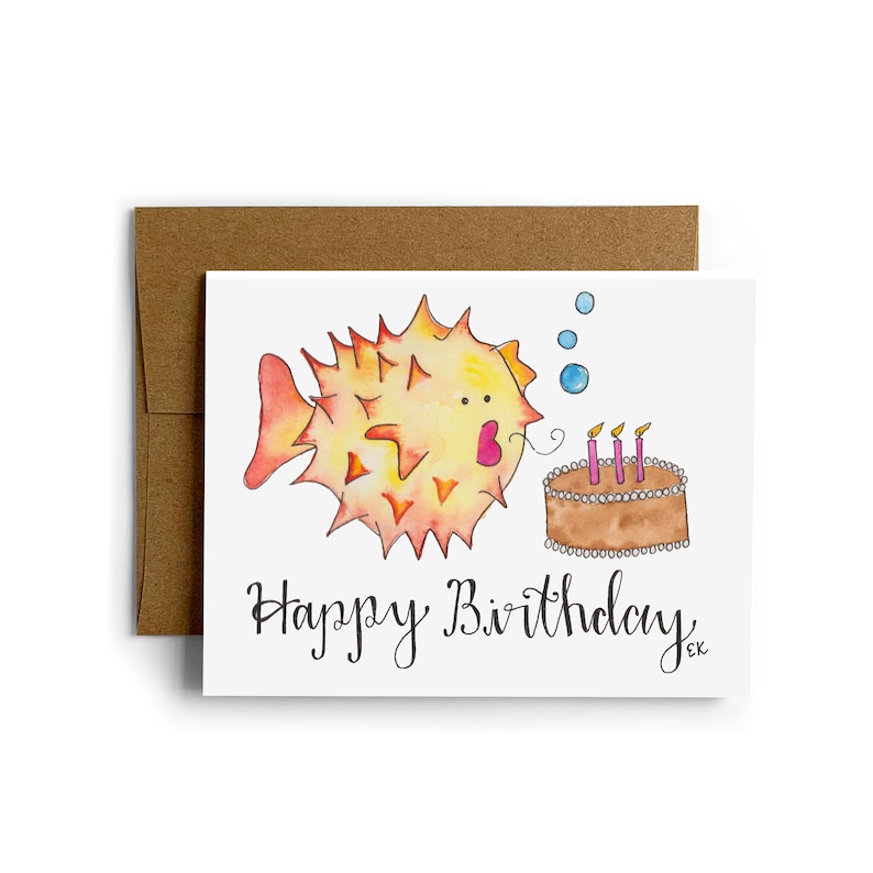 Eileen Graphics Birthday Blowfish Greeting Card Made in Newport, RI Watercolors Chocolate Cake Nautical Ocean Funny Clever image 1