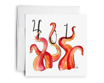 Eileen Graphics 401 Octopus Greeting Card • Printed in Newport RI • Rhode Island • Nautical • Watercolor • Ocean • Beach • Area Code • Sea