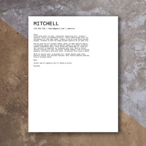 May include: A black and white image of a business letter with the name "MITCHELL" at the top. The letter includes a phone number, email address, and website address. The letter is written in a typewriter font.
