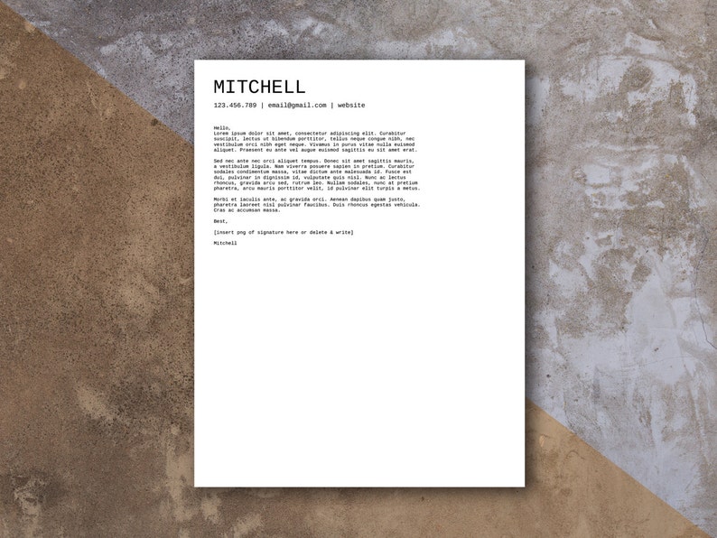 May include: A black and white image of a business letter with the name "MITCHELL" at the top. The letter includes a phone number, email address, and website address. The letter is written in a typewriter font.