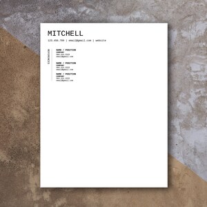 May include: A white business card with the name "MITCHELL" in black text at the top. The phone number 123.456.789, email address email@email.com, and the word "website" are listed below the name. The word "BUSINESS" is listed in black text on the left side of the card, followed by a list of names and positions in black text.