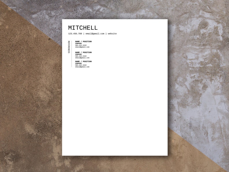 May include: A white business card with the name "MITCHELL" in black text at the top. The phone number 123.456.789, email address email@email.com, and the word "website" are listed below the name. The word "BUSINESS" is listed in black text on the left side of the card, followed by a list of names and positions in black text.