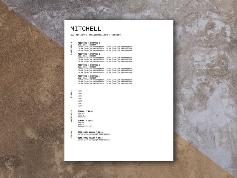 May include: A black and white CV with the name "MITCHELL" at the top. The CV includes contact information, experience, skills, education, and awards.