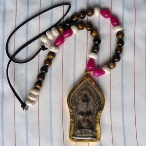 Large Clay Buddha Amulet Necklace - Howlite, Tigers Eye, Chinese Glass Beads