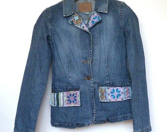 Embroidered Denim Jacket with Modern Indian embroidered textile size M