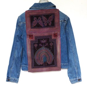 Espirit bestickt Denim Jacke bestickt mit Thai Hill Tribe Textil Größe L Mid-blue
