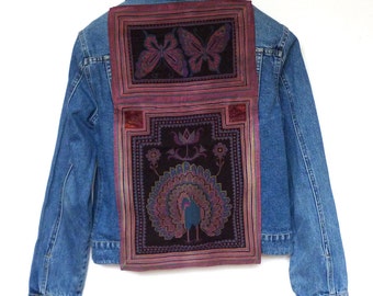 Espirit Embroidered Denim Jacket embroidered with Thai Hill Tribe textile size L Mid-blue