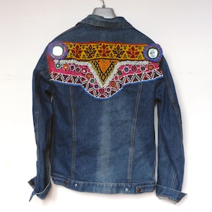 Embroidered Denim Jacket embroidered with Thai Hill Tribe textiles size L or 38