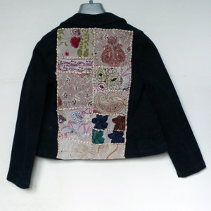 Embroidered Denim Jacket Black Denim with Modern Indian embroidered textile size 10