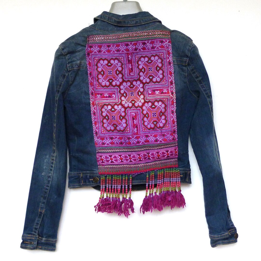 Dotti Embroidered Denim Jacket Embroidered With Thai Hill Tribe Textile Size 10 Etsy