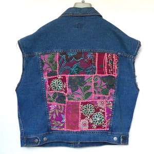 Embroidered Denim Jacket Sleeveless with Modern Indian embroidered textile size L