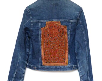 Witchery Embroidered Denim Jacket embroidered with Thai Hill Tribe textiles size M