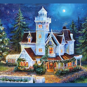 May include: An artistic painting of a Victorian-style house at night. The house is painted in shades of blue and white, with a tower and a porch. The night sky is dark blue with a full moon and stars. The house is surrounded by trees and a white picket fence.